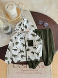 Buy SHEIN 2pcs Baby Boy Dinosaur Printed Contrast Color Hoodie Jacket And Solid Color Pants Outfit in Pakistan