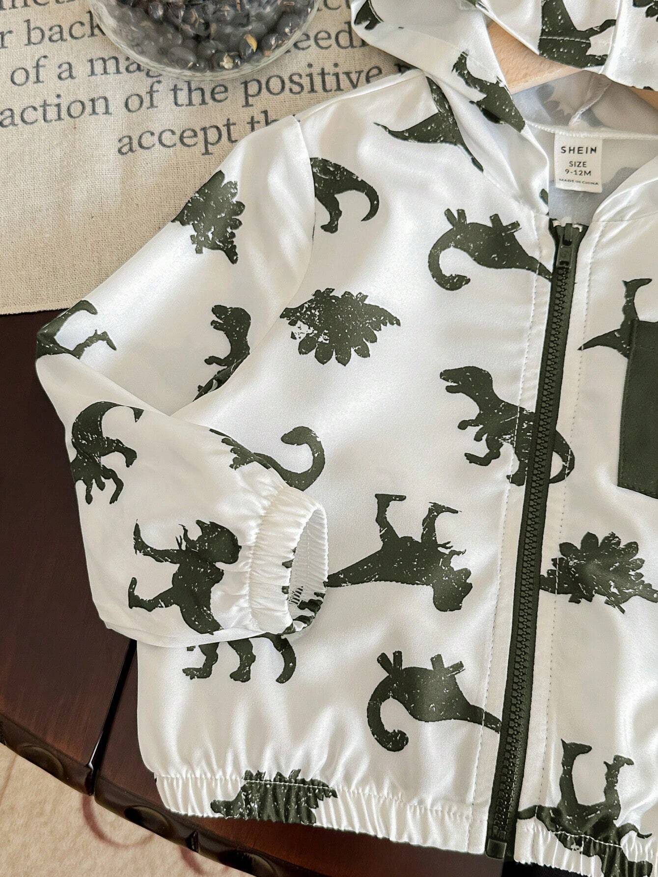 Buy SHEIN 2pcs Baby Boy Dinosaur Printed Contrast Color Hoodie Jacket And Solid Color Pants Outfit in Pakistan