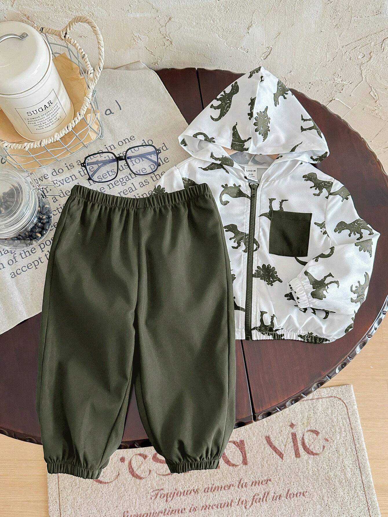 Buy SHEIN 2pcs Baby Boy Dinosaur Printed Contrast Color Hoodie Jacket And Solid Color Pants Outfit in Pakistan