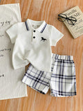 Buy SHEIN 2pcs Baby Boy Outfit Set: Short Sleeve Shirt With Collar And Plaid Pattern Pants, Fashionable And Suitable For All Occasions In Summer Boy Baby Clothes Boy Baby Clothes Summer in Pakistan