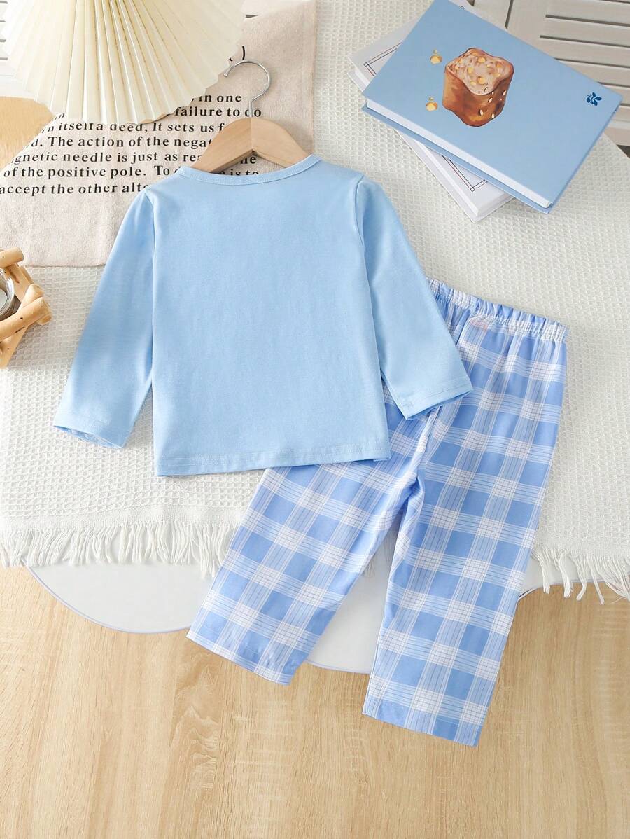 Buy SHEIN 2pcs Baby Boys Casual Solid Color Long Sleeve Top Paired With Classic Plaid Print Pants, Home Outfit Sets in Pakistan