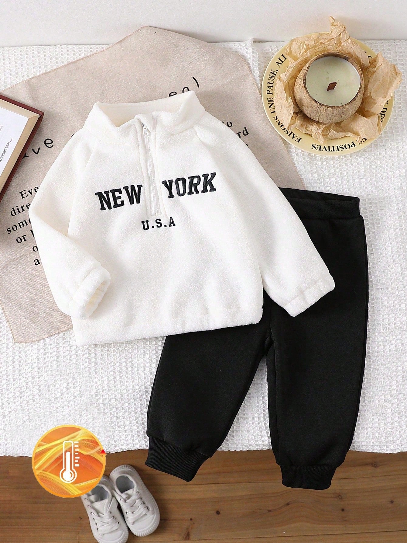 Buy SHEIN 2pcs Baby Boys Long Sleeve Zipper Hoodie With Embroidery Stand Collar And Elastic Waist Sweatpants, Casual Fall Outfit Set in Pakistan