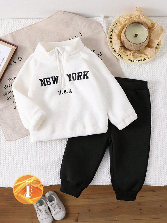 Buy SHEIN 2pcs Baby Boys Long Sleeve Zipper Hoodie With Embroidery Stand Collar And Elastic Waist Sweatpants, Casual Fall Outfit Set in Pakistan