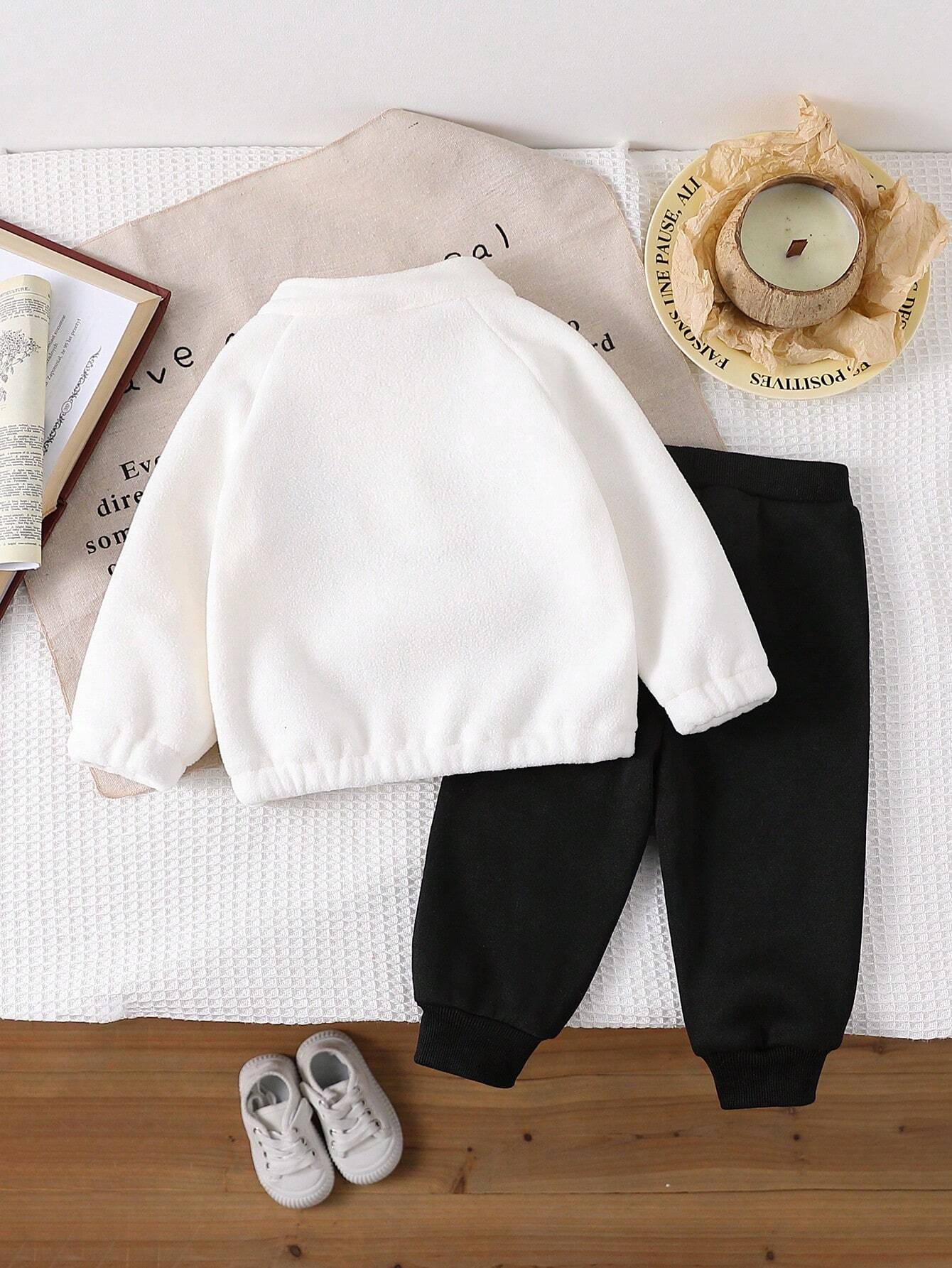 Buy SHEIN 2pcs Baby Boys Long Sleeve Zipper Hoodie With Embroidery Stand Collar And Elastic Waist Sweatpants, Casual Fall Outfit Set in Pakistan