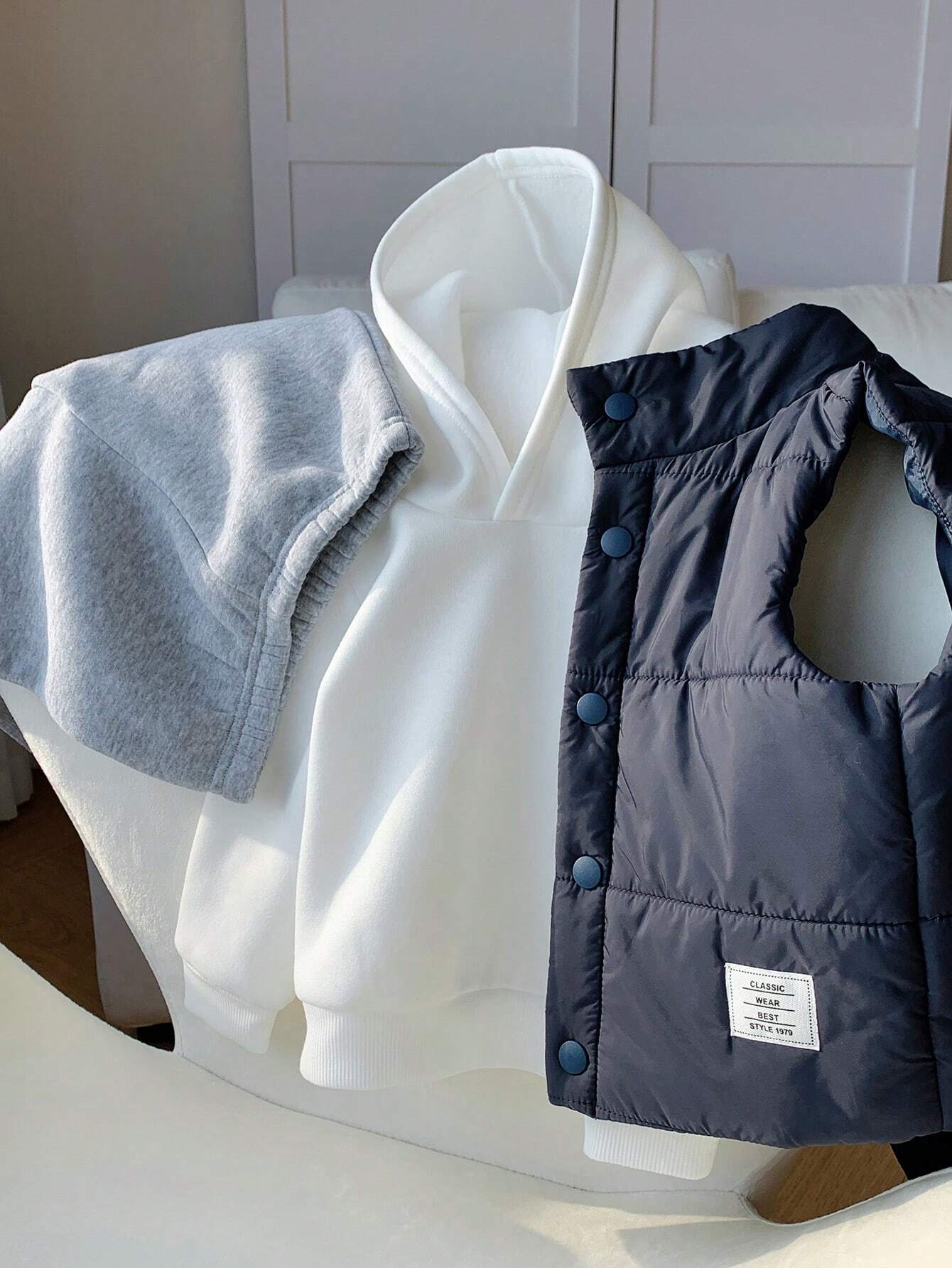 Buy SHEIN 3pcs/Set Baby Boy Casual Cute Knit Long Sleeve Hoodie Sweatshirt, Elastic Waist Jog Pants & Fleece Vest Outfit in Pakistan