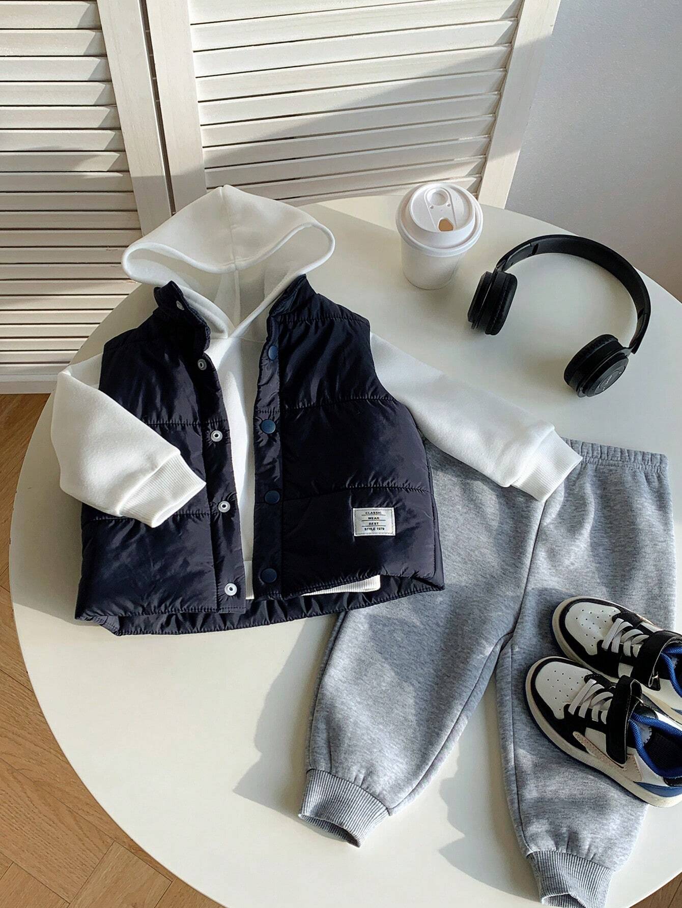 Buy SHEIN 3pcs/Set Baby Boy Casual Cute Knit Long Sleeve Hoodie Sweatshirt, Elastic Waist Jog Pants & Fleece Vest Outfit in Pakistan