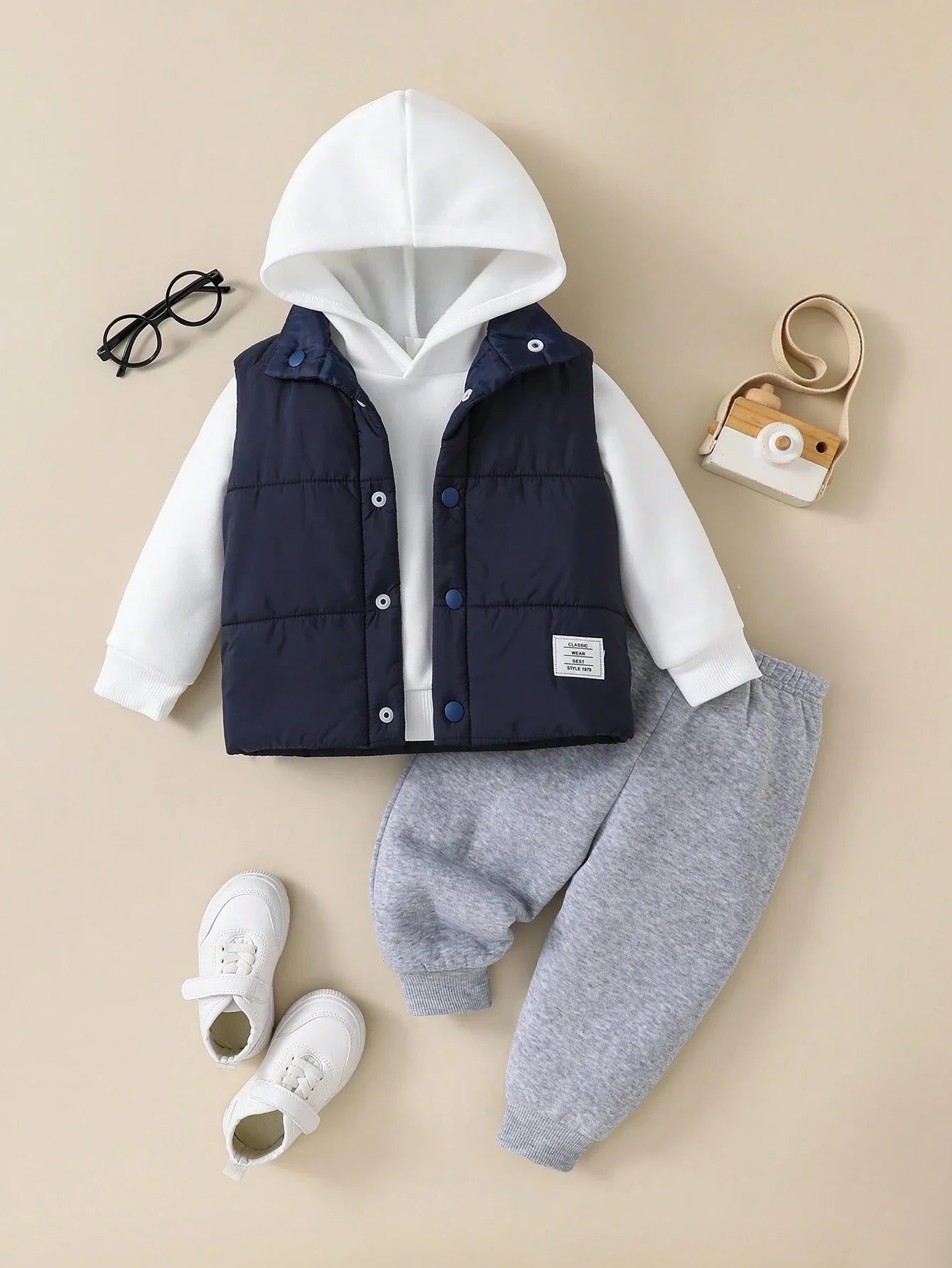 Buy SHEIN 3pcs/Set Baby Boy Casual Cute Knit Long Sleeve Hoodie Sweatshirt, Elastic Waist Jog Pants & Fleece Vest Outfit in Pakistan