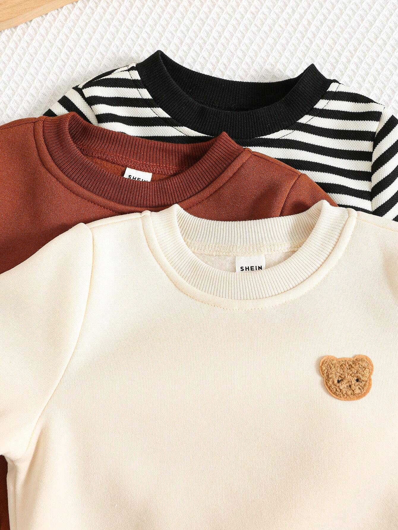 Buy SHEIN 3pcs/Set Baby Boys/Girls Cartoon, Striped, Solid Color Hoodies Set, Suitable For Autumn & Winter Outings in Pakistan