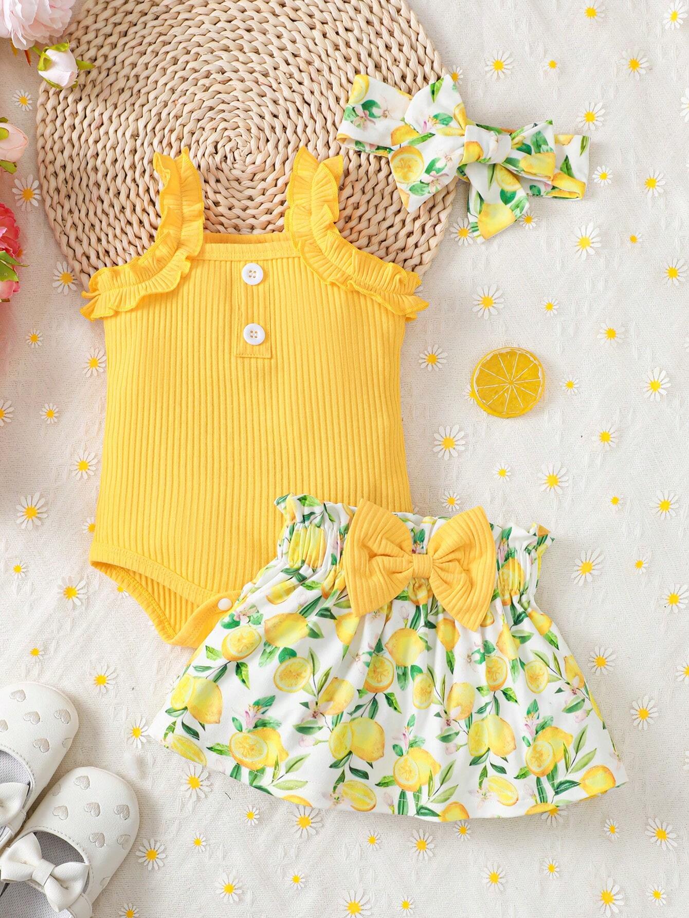 Buy SHEIN 3pcs/Set Baby Girl Summer Holiday Casual & Ruffle Trim Buttoned Bodysuit, Lemon Print Skirt, And Headband in Pakistan