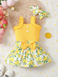 Buy SHEIN 3pcs/Set Baby Girl Summer Holiday Casual & Ruffle Trim Buttoned Bodysuit, Lemon Print Skirt, And Headband in Pakistan