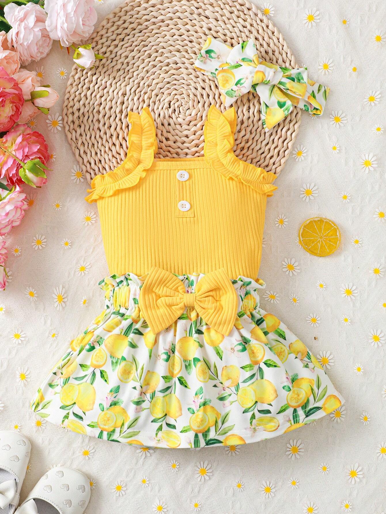 Buy SHEIN 3pcs/Set Baby Girl Summer Holiday Casual & Ruffle Trim Buttoned Bodysuit, Lemon Print Skirt, And Headband in Pakistan