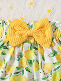 Buy SHEIN 3pcs/Set Baby Girl Summer Holiday Casual & Ruffle Trim Buttoned Bodysuit, Lemon Print Skirt, And Headband in Pakistan
