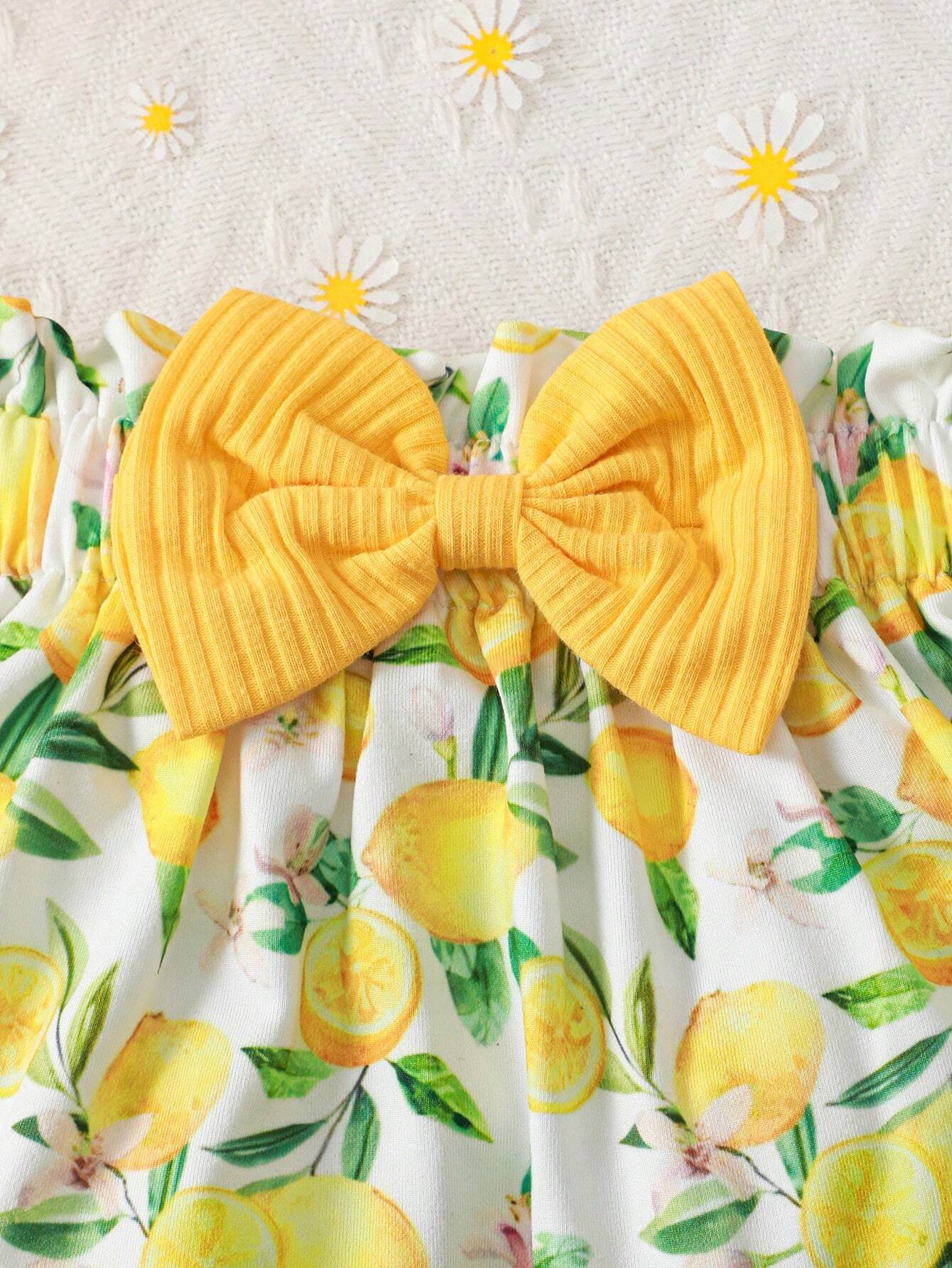 Buy SHEIN 3pcs/Set Baby Girl Summer Holiday Casual & Ruffle Trim Buttoned Bodysuit, Lemon Print Skirt, And Headband in Pakistan