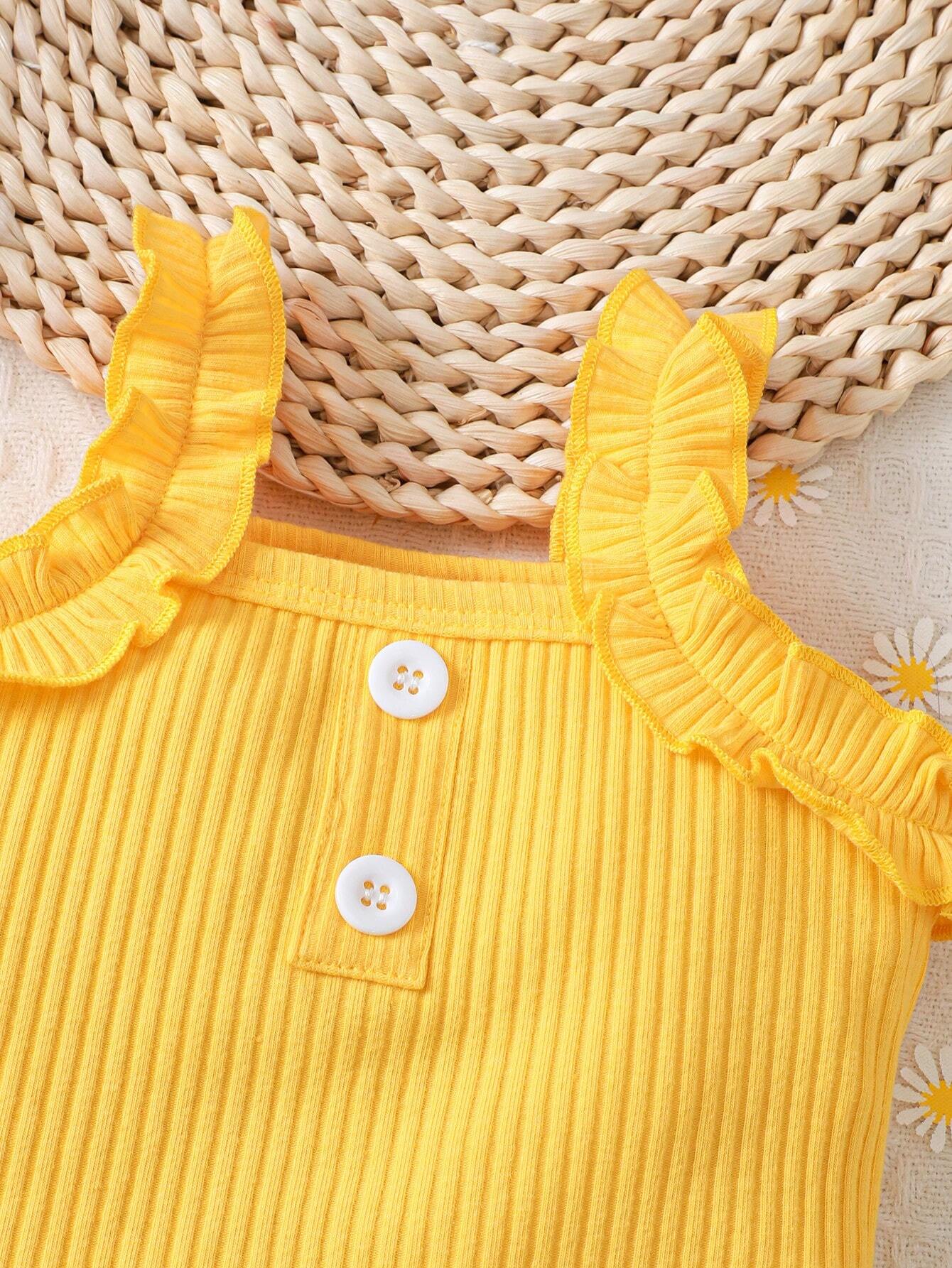 Buy SHEIN 3pcs/Set Baby Girl Summer Holiday Casual & Ruffle Trim Buttoned Bodysuit, Lemon Print Skirt, And Headband in Pakistan
