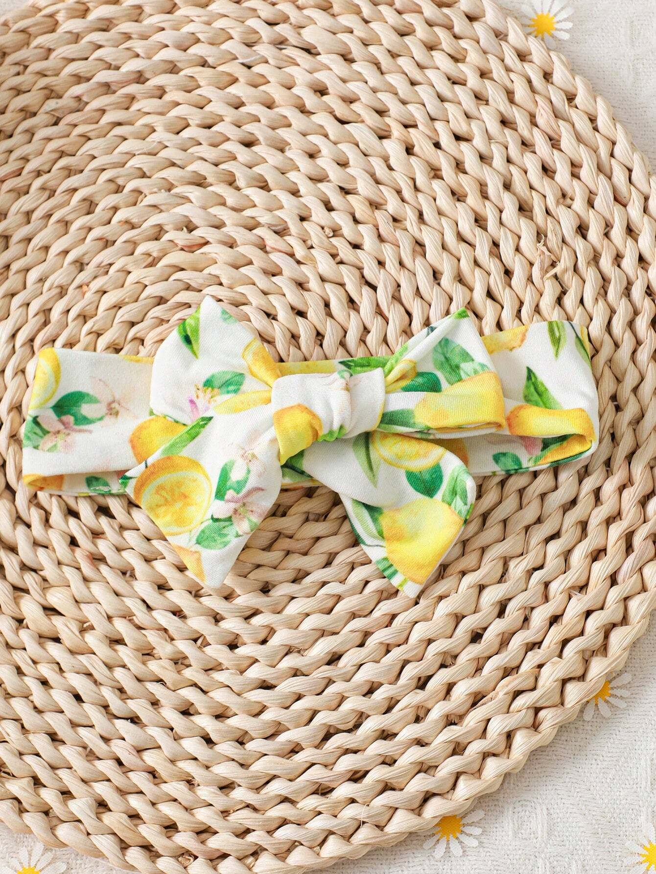 Buy SHEIN 3pcs/Set Baby Girl Summer Holiday Casual & Ruffle Trim Buttoned Bodysuit, Lemon Print Skirt, And Headband in Pakistan