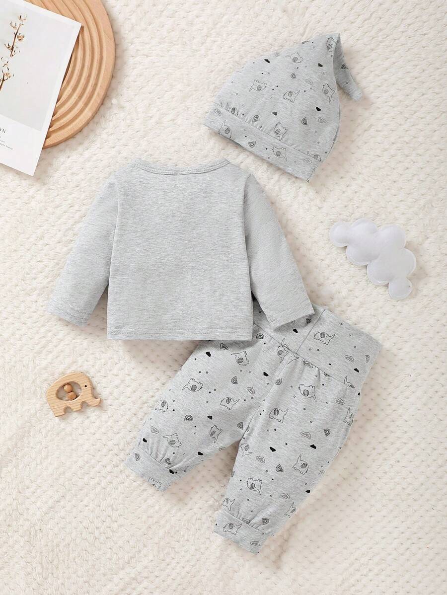 Buy SHEIN 3pcs Baby Boy Cartoon Bear Print Button-Front Shirt, Pants And Hat Casual Outfit Set in Pakistan