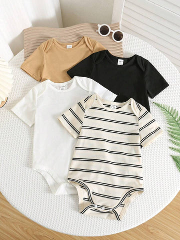 Buy SHEIN 4pcs Baby Boys/Girls Spring/Summer Cute Knitted Elastic Striped Short Sleeve Rompers Basic Bodysuit Multi-Pack in Pakistan