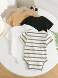 Buy SHEIN 4pcs Baby Boys/Girls Spring/Summer Cute Knitted Elastic Striped Short Sleeve Rompers Basic Bodysuit Multi-Pack in Pakistan