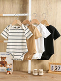 Buy SHEIN 4pcs Baby Boys/Girls Spring/Summer Cute Knitted Elastic Striped Short Sleeve Rompers Basic Bodysuit Multi-Pack in Pakistan