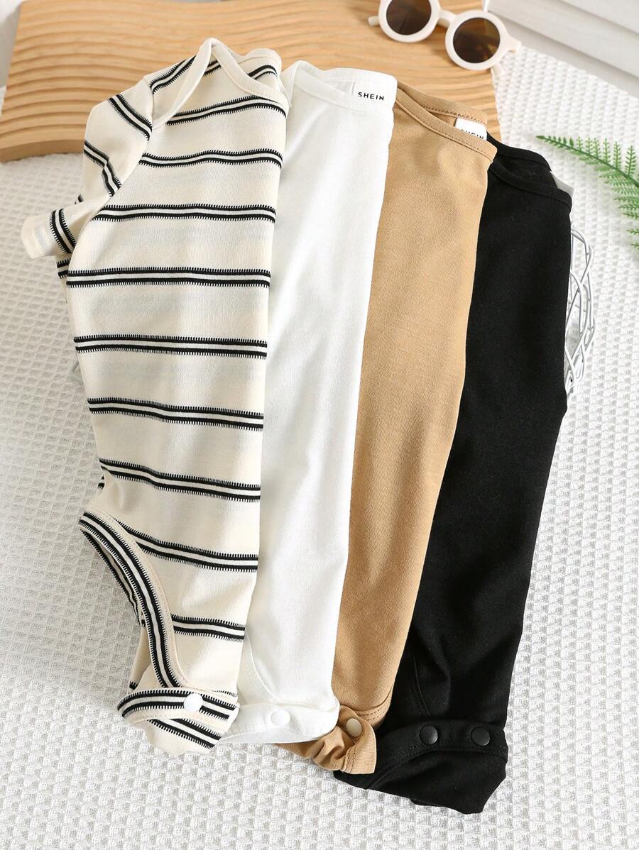 Buy SHEIN 4pcs Baby Boys/Girls Spring/Summer Cute Knitted Elastic Striped Short Sleeve Rompers Basic Bodysuit Multi-Pack in Pakistan