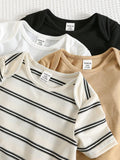 Buy SHEIN 4pcs Baby Boys/Girls Spring/Summer Cute Knitted Elastic Striped Short Sleeve Rompers Basic Bodysuit Multi-Pack in Pakistan