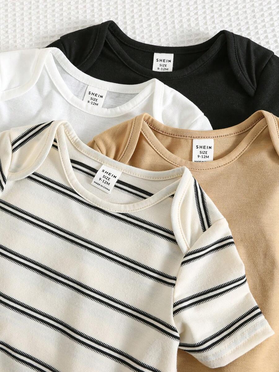 Buy SHEIN 4pcs Baby Boys/Girls Spring/Summer Cute Knitted Elastic Striped Short Sleeve Rompers Basic Bodysuit Multi-Pack in Pakistan