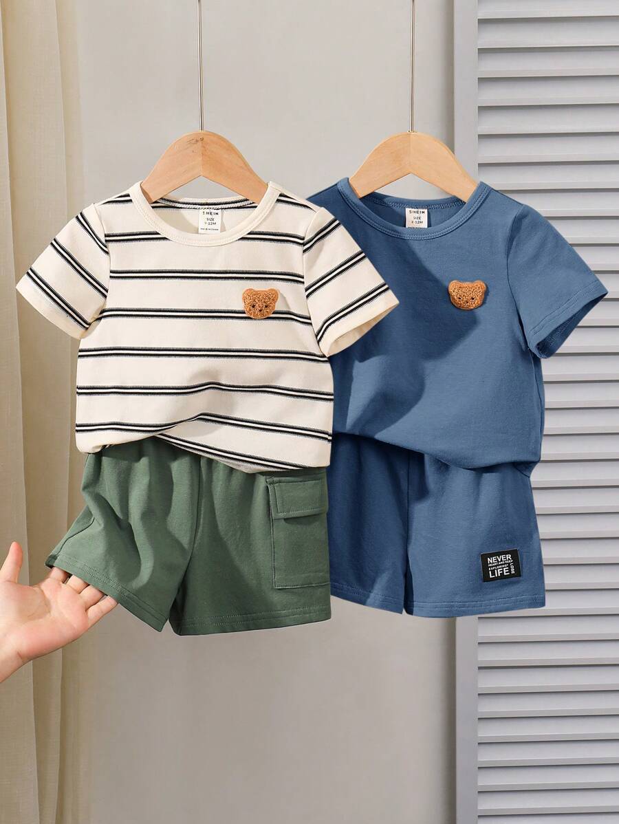 Buy SHEIN 4pcs/Set Baby Boy Korean Style Cute Cartoon Striped Short Sleeve T-Shirt & Elastic Waist Cargo Shorts Set in Pakistan
