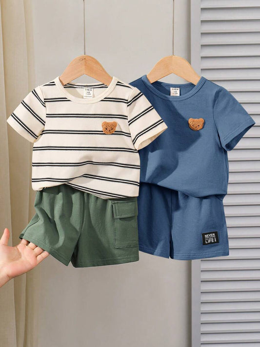 Buy SHEIN 4pcs/Set Baby Boy Korean Style Cute Cartoon Striped Short Sleeve T-Shirt & Elastic Waist Cargo Shorts Set in Pakistan