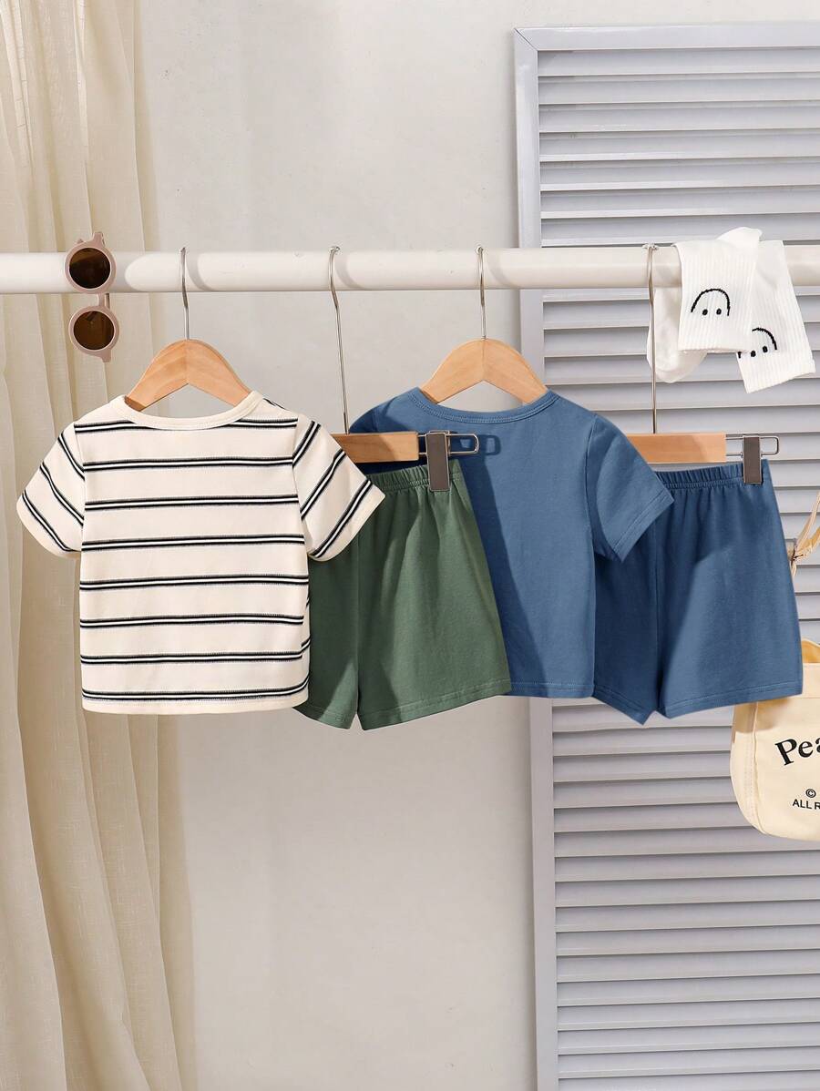 Buy SHEIN 4pcs/Set Baby Boy Korean Style Cute Cartoon Striped Short Sleeve T-Shirt & Elastic Waist Cargo Shorts Set in Pakistan