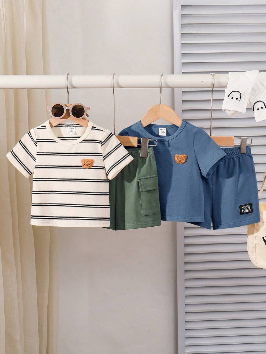 Buy SHEIN 4pcs/Set Baby Boy Korean Style Cute Cartoon Striped Short Sleeve T-Shirt & Elastic Waist Cargo Shorts Set in Pakistan