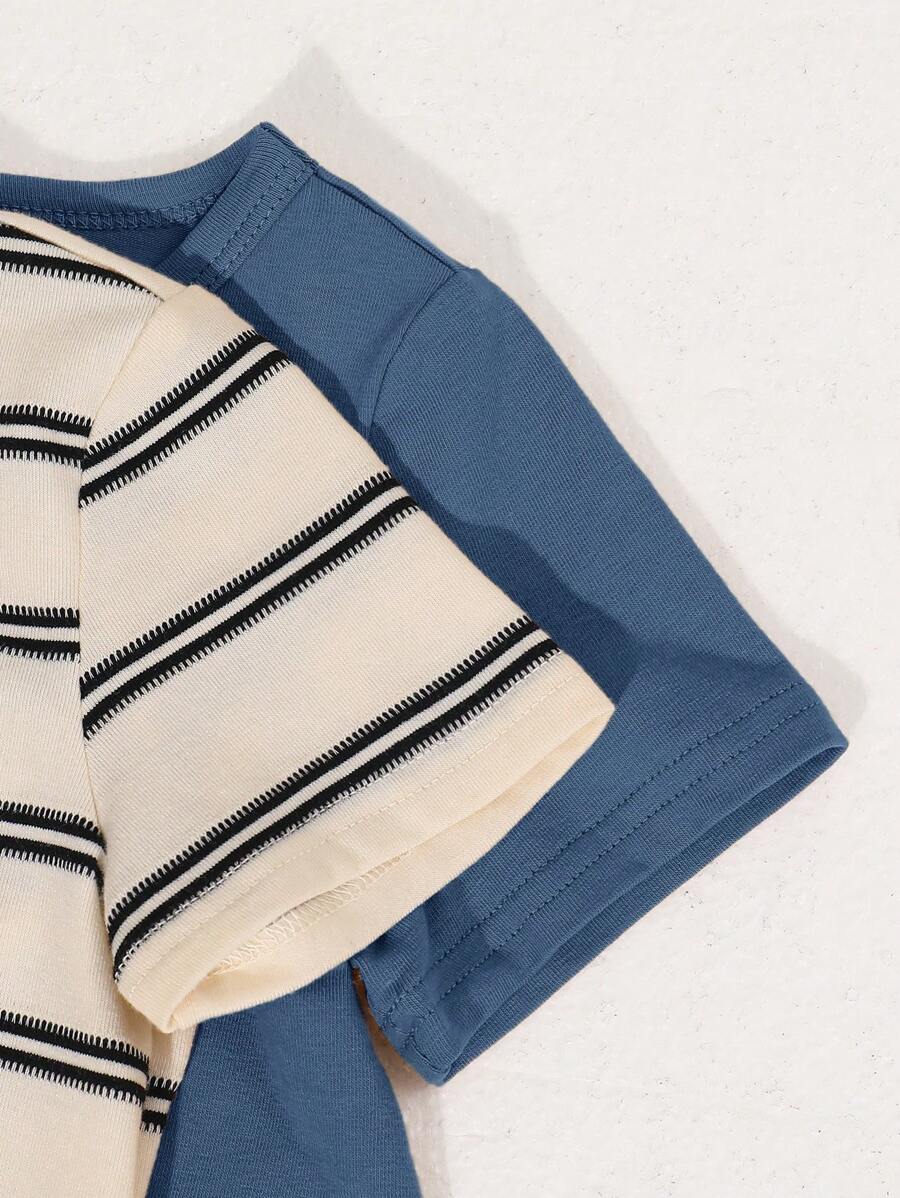 Buy SHEIN 4pcs/Set Baby Boy Korean Style Cute Cartoon Striped Short Sleeve T-Shirt & Elastic Waist Cargo Shorts Set in Pakistan