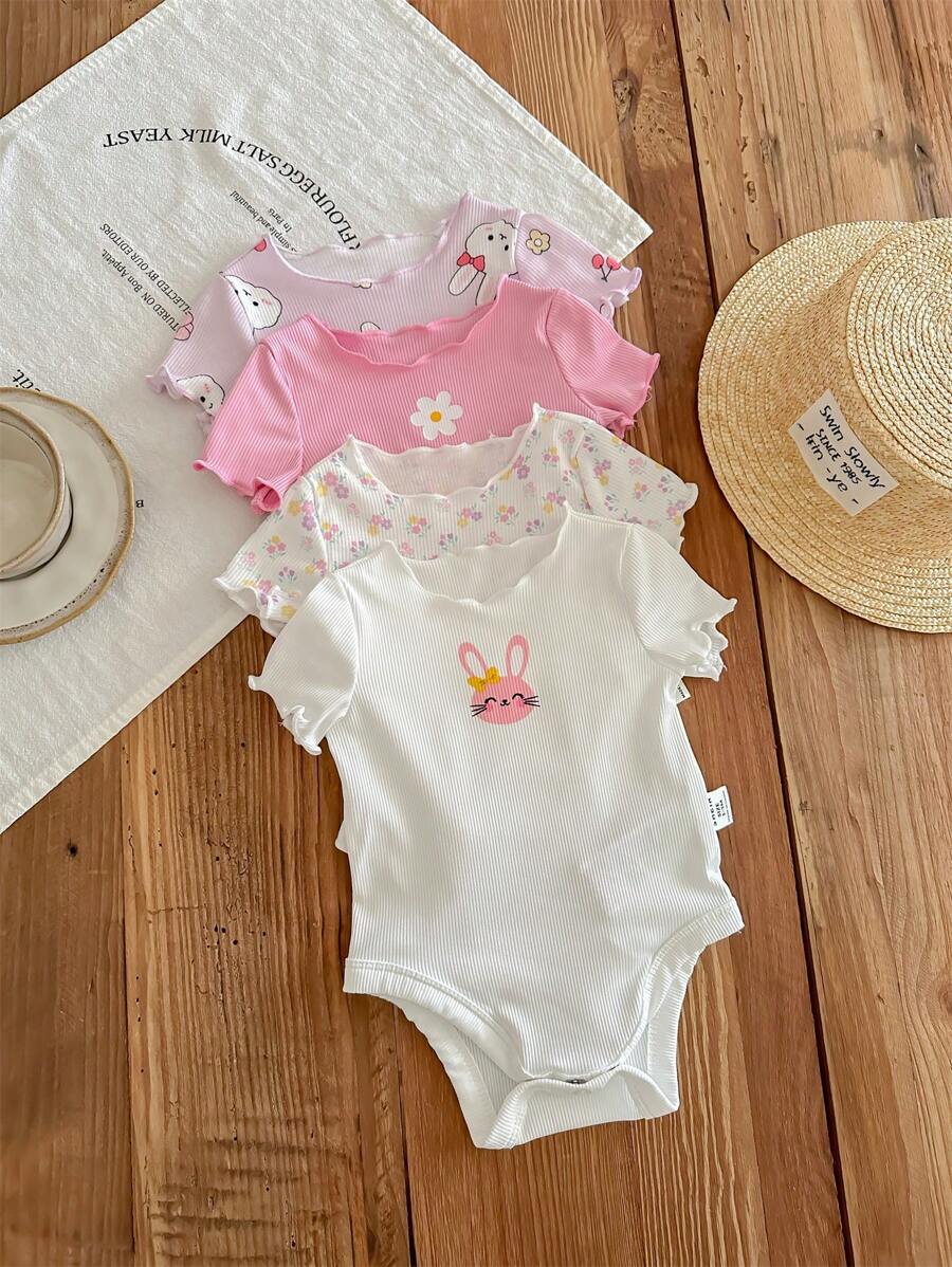 Buy SHEIN 4pcs/Set Newborn Baby Girls' Cute Knitted Cartoon Rabbit & Floral Short Sleeve Rompers in Pakistan