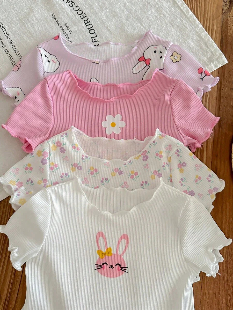 Buy SHEIN 4pcs/Set Newborn Baby Girls' Cute Knitted Cartoon Rabbit & Floral Short Sleeve Rompers in Pakistan