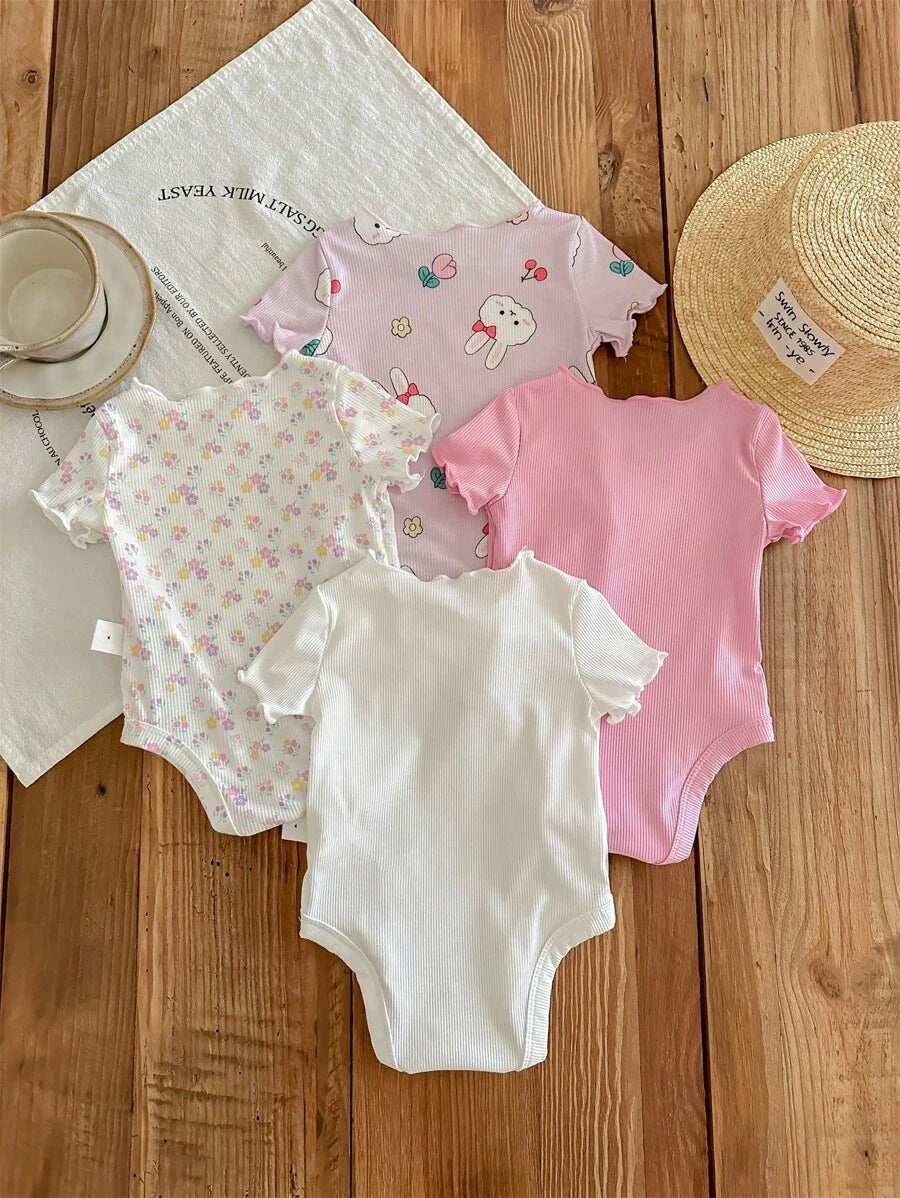 Buy SHEIN 4pcs/Set Newborn Baby Girls' Cute Knitted Cartoon Rabbit & Floral Short Sleeve Rompers in Pakistan