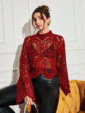 Buy SHEIN Allurite Burgundy Sexy Cut Out Lace See-Through Flare Sleeve Four Seasons Knit Women's Blouse, Haute Women Tops,Fitted Elegant Crew Neck Tops in Pakistan