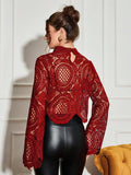 Buy SHEIN Allurite Burgundy Sexy Cut Out Lace See-Through Flare Sleeve Four Seasons Knit Women's Blouse, Haute Women Tops,Fitted Elegant Crew Neck Tops in Pakistan