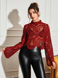 Buy SHEIN Allurite Burgundy Sexy Cut Out Lace See-Through Flare Sleeve Four Seasons Knit Women's Blouse, Haute Women Tops,Fitted Elegant Crew Neck Tops in Pakistan