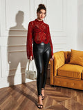 Buy SHEIN Allurite Burgundy Sexy Cut Out Lace See-Through Flare Sleeve Four Seasons Knit Women's Blouse, Haute Women Tops,Fitted Elegant Crew Neck Tops in Pakistan