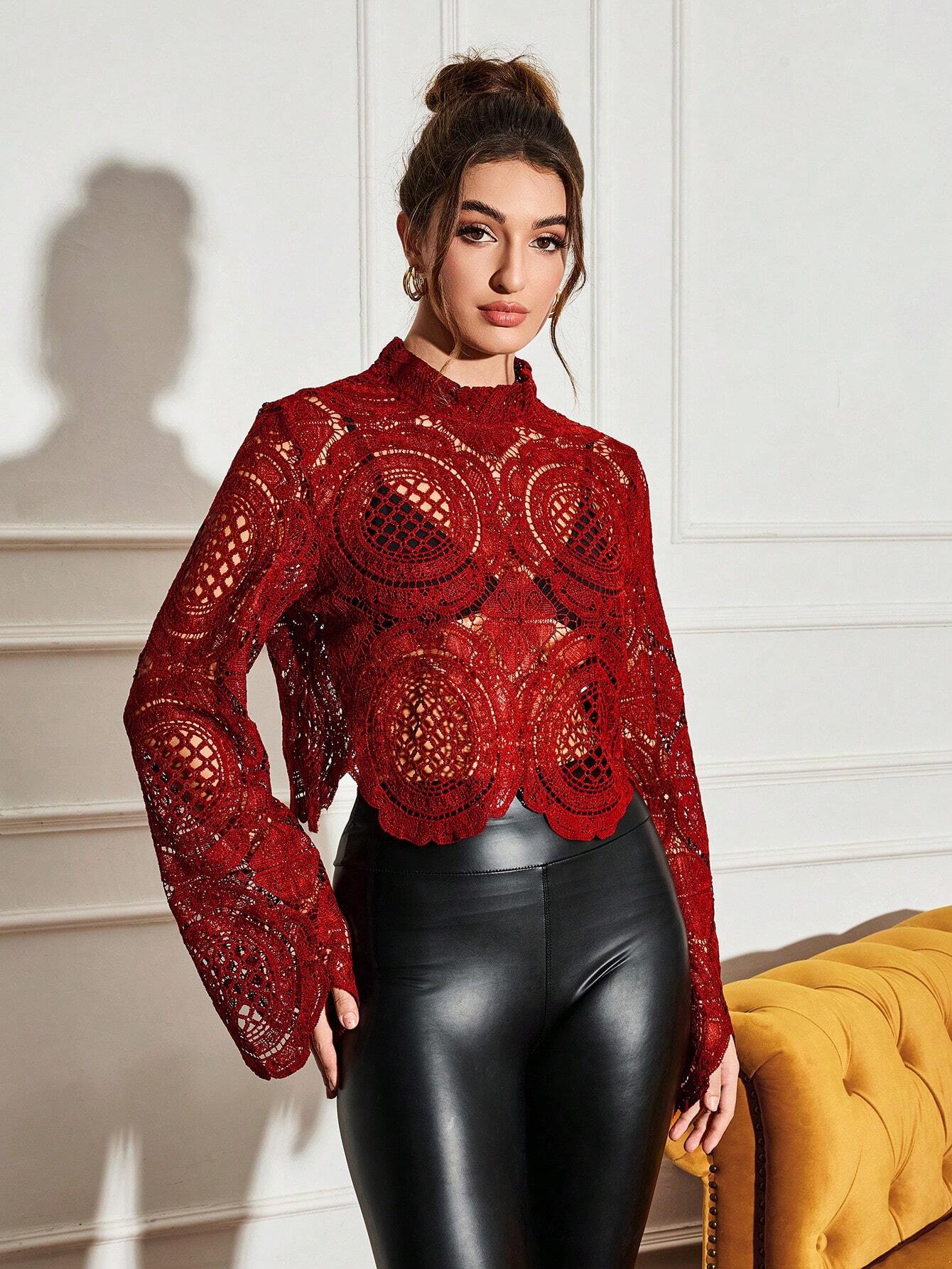 Buy SHEIN Allurite Burgundy Sexy Cut Out Lace See-Through Flare Sleeve Four Seasons Knit Women's Blouse, Haute Women Tops,Fitted Elegant Crew Neck Tops in Pakistan