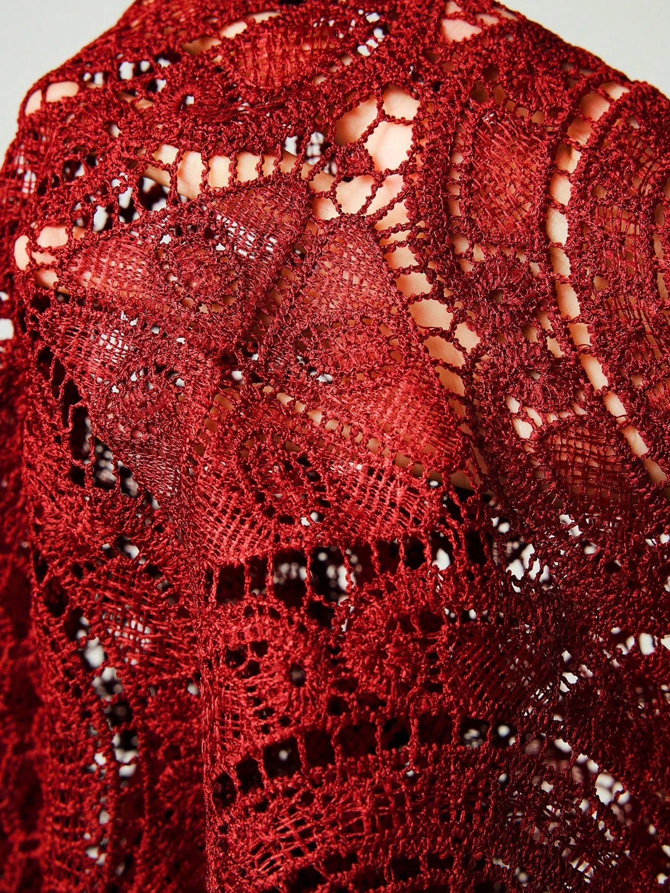 Buy SHEIN Allurite Burgundy Sexy Cut Out Lace See-Through Flare Sleeve Four Seasons Knit Women's Blouse, Haute Women Tops,Fitted Elegant Crew Neck Tops in Pakistan