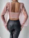 Buy SHEIN Allurite Women Fashionable Mesh & Lace Splice Off Shoulder Structured Top With Fishbone Shaping And Press Line For Summer in Pakistan