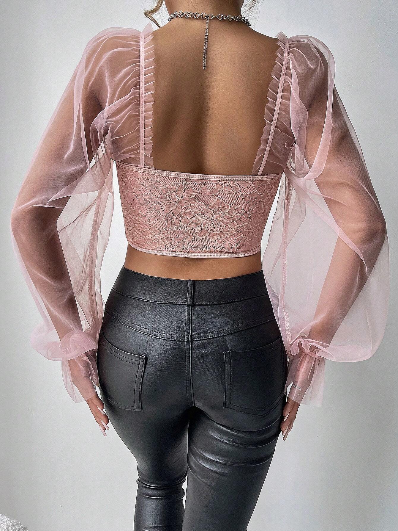 Buy SHEIN Allurite Women Fashionable Mesh & Lace Splice Off Shoulder Structured Top With Fishbone Shaping And Press Line For Summer in Pakistan