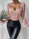Buy SHEIN Allurite Women Fashionable Mesh & Lace Splice Off Shoulder Structured Top With Fishbone Shaping And Press Line For Summer in Pakistan