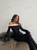 Buy SHEIN Aloruh Contrast Off Shoulder Bell Sleeve Bodycon Long Black Dress With Sleeves in Pakistan