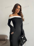 Buy SHEIN Aloruh Contrast Off Shoulder Bell Sleeve Bodycon Long Black Dress With Sleeves in Pakistan