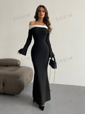 Buy SHEIN Aloruh Contrast Off Shoulder Bell Sleeve Bodycon Long Black Dress With Sleeves in Pakistan