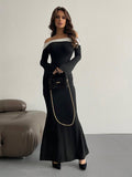 Buy SHEIN Aloruh Contrast Off Shoulder Bell Sleeve Bodycon Long Black Dress With Sleeves in Pakistan