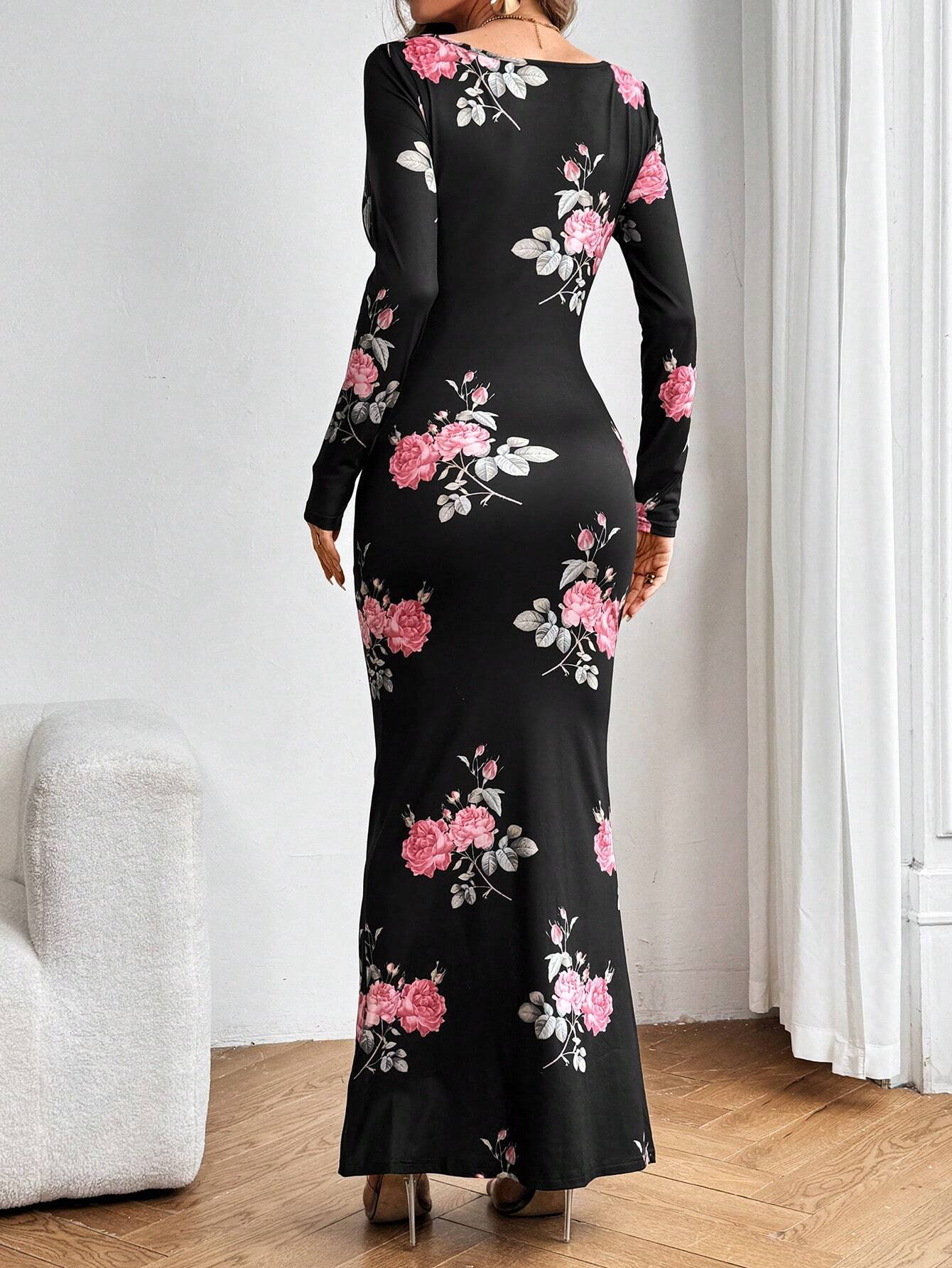 Buy SHEIN Aloruh Women's Floral Print Cowl Collar Long Dress in Pakistan