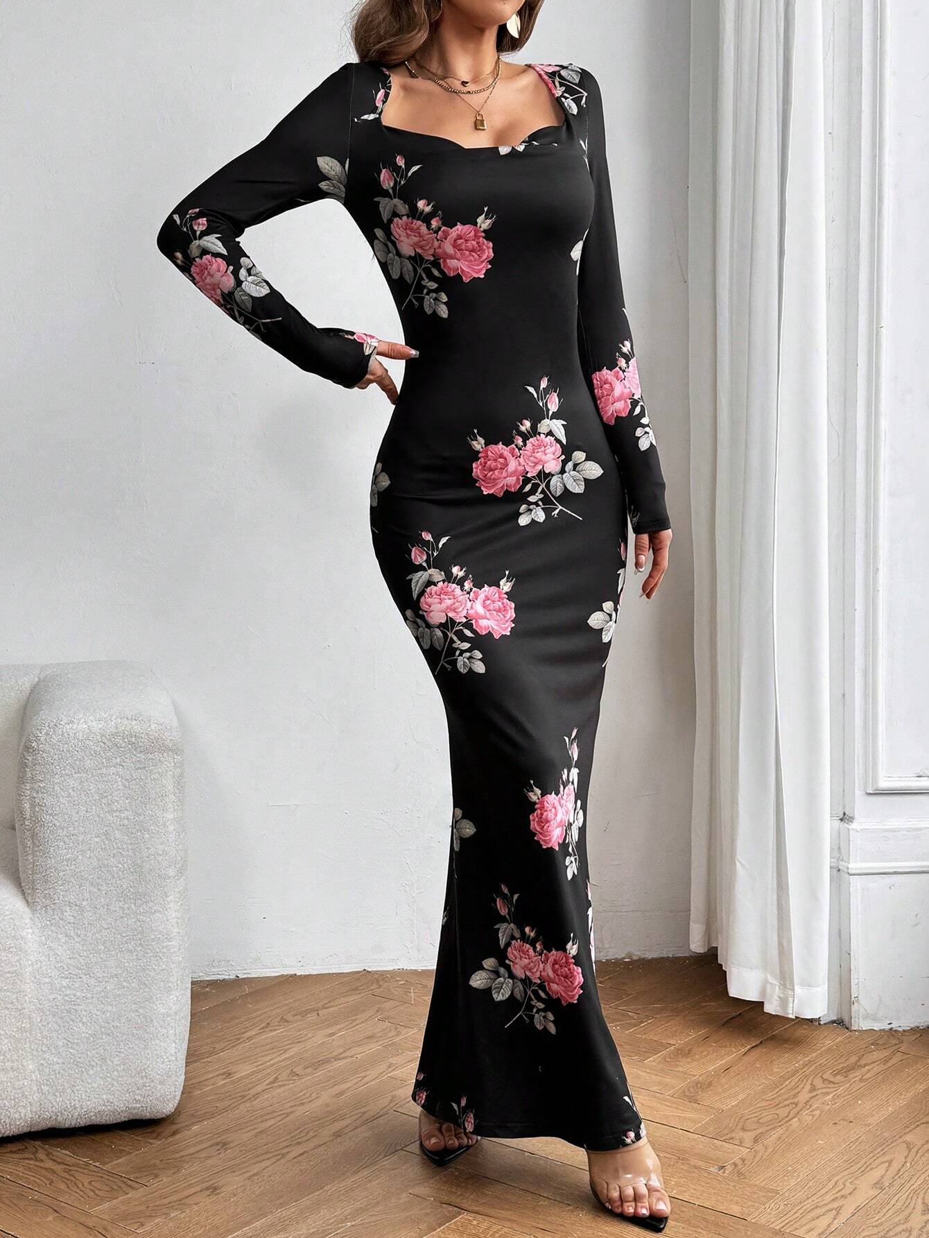 Buy SHEIN Aloruh Women's Floral Print Cowl Collar Long Dress in Pakistan