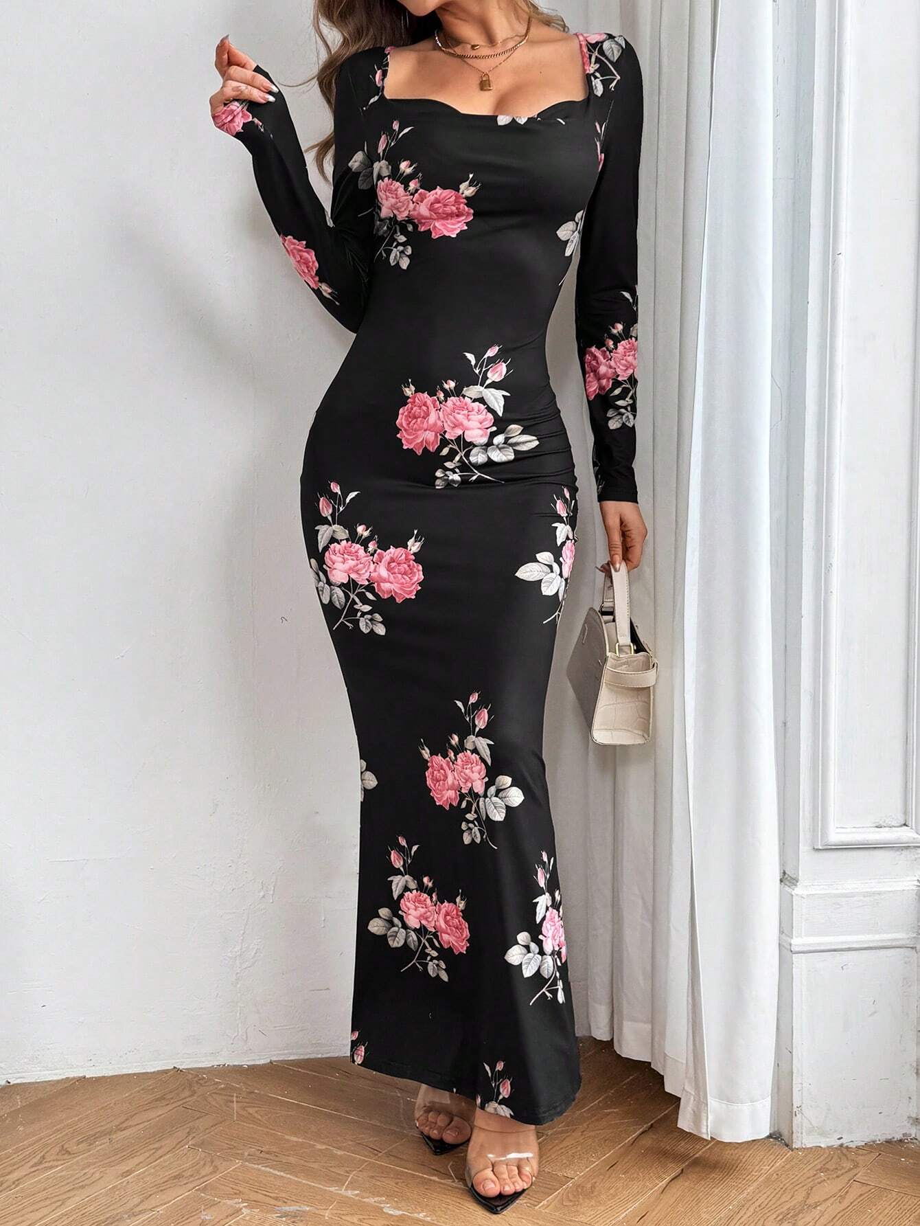 Buy SHEIN Aloruh Women's Floral Print Cowl Collar Long Dress in Pakistan